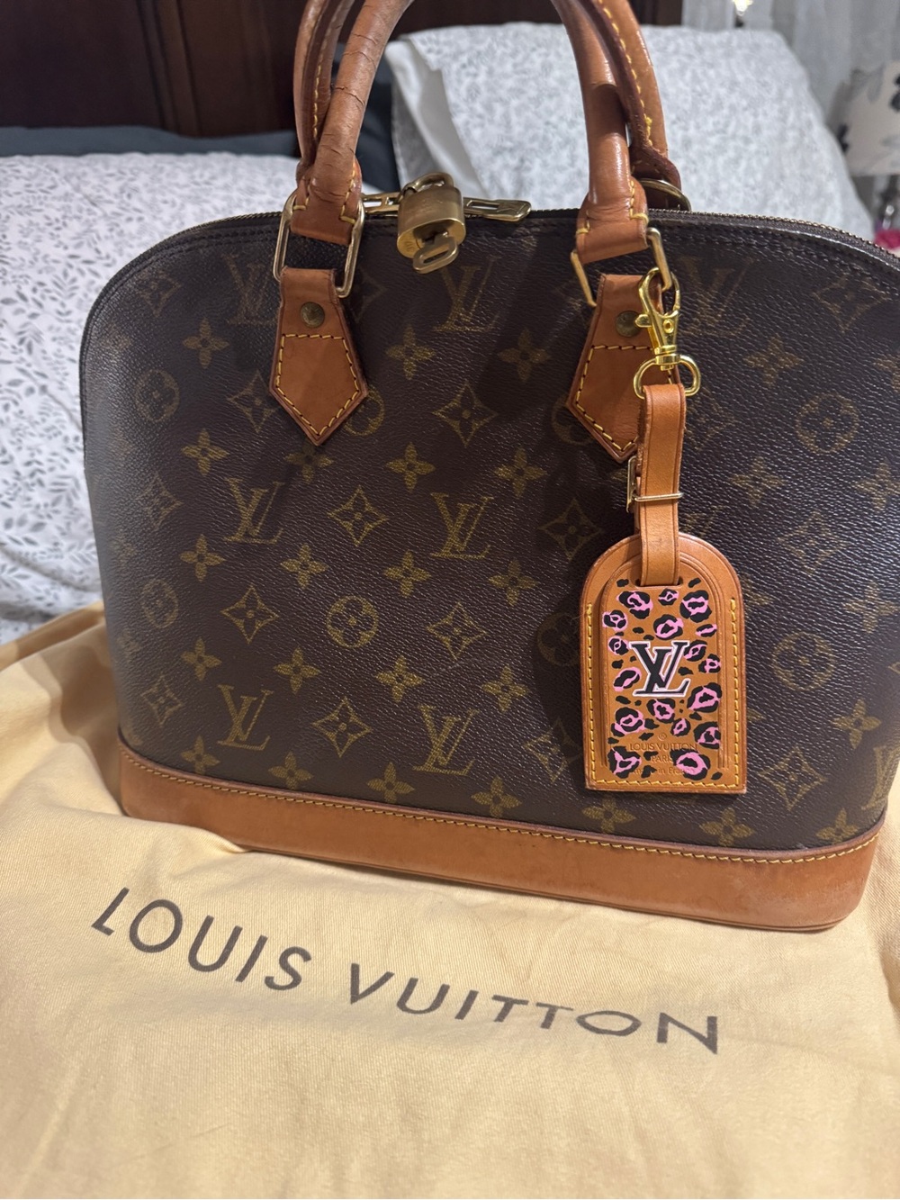 Louis Vuitton Brown Monogram Alma PM Handbag with Custom Pink Leopard LV Tag
